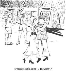 Comic strip. People say goodbye at the subway. Farewell at the station near a train. A woman is hugging with a man. The teenager and the guide shake hands. Sketch style. Vector illustration
