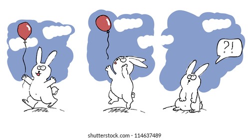 Comic strip with a rabbit, losing a helium balloon. Vector image.