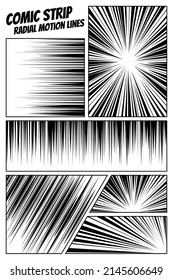 Comic Strip Radial Motion Lines Set. Anime Comics Book Hero Speed Or Fight Action Texture Rays. Manga Cartoon Drawing Explosions Background Collection. Vector Eps Illustration