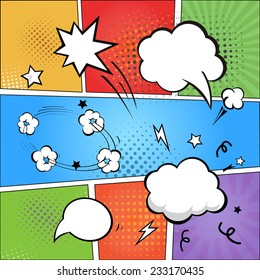 Comic strip  and comic speech   bubbles on colorful halftone background vector illustration