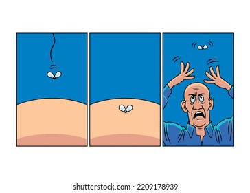 Comic strip in three panels, about a fly that lands on the head of a bald man. Vector illustration and cartoon style.