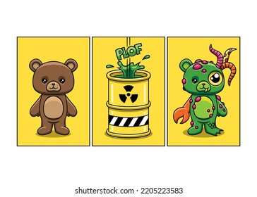 
Comic strip in three panels, in which a very cute little bear falls into a barrel of radioactive waste and transforms into a mutated monster. Vector illustration and cartoon style.