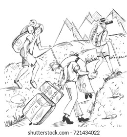 Comic strip. Tired travelers climb a mountain. A tourists follow a pathway. Hot summer. In the distance you can see mountains with snow. A husband took his wife in his arms. A woman carries suitcases