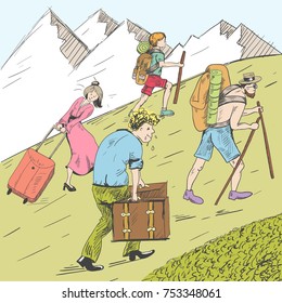 Comic strip. Tired travelers climb a mountain. Tourists follow the guide. Hot summer. Mountains with snow. A husband took heavy suitcases and his wife go on a mountains in heels. Sketch illustration