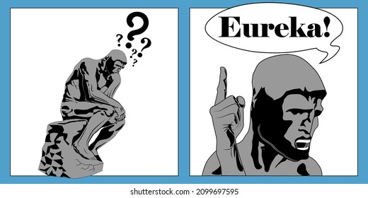 Comic strip of two frames about the sculpture of the thinker. Eureka exclamation. Vector illustration.

