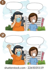 A comic strip of two masked women with speech bubbles containing blanks for students to complete the phrases.