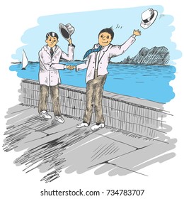 Comic strip. Two men met by a sea. Friendly greeting. Peoples take off their hats as a sign of respect. One hat flew off. Sketch style. Vector illustration