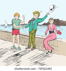Comic strip. Two men met by a sea. Friendly greeting. Peoples take off their hats as a sign of respect. One hat flew off. Girl dressed a sexy blue dress and heels. Sketch style. Vector illustration