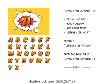 Alfabeto de estilo cômico para suas obras de arte. Você pode alterar a cor e o tamanho das letras. Se você gosta do estilo gráfico, por favor verifique "Comic Style Numbers - B" da mesma série. Obrigado e divirta-se!