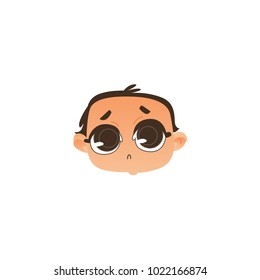 Comic style baby face, head icon with sad, upset expression and wide open eyes, flat vector illustration isolated on white background. Flat, comic emoticon, emoji icon with sad newborn baby boy face