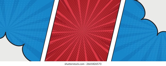 Comic Style Background with Colorful Diagonal Panels, Pop Art Retro Burst Rays in Red, Blue