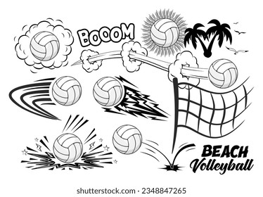 Comic style beach volleyball elements template. Vector on transparent background