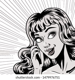 Comic style beautiful young woman talking on the mobile phone, surprised expression, open mouth, omg, wow, pop art girl banner, vector illustration