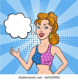 Comic style blond woman says a speech bubble. Pop art style vector illustration