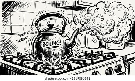 Comic style boiling teapot on stove. Dynamic illustration for culinary blogs or retro kitchen designs.