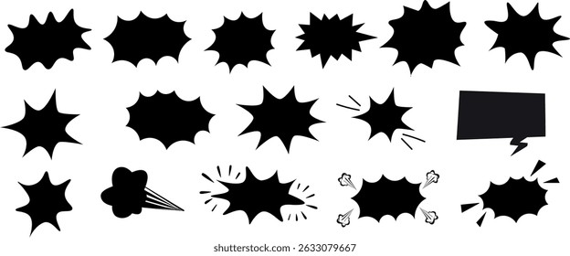 Boom de estilo cômico, explosão e balões de fala definidos. Design de silhueta preta para pop art e ilustrações retrô.