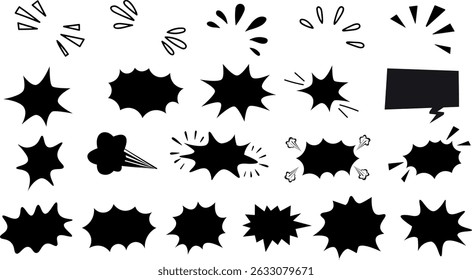 Boom de estilo cômico, explosão e balões de fala definidos. Design de silhueta preta para pop art e ilustrações retrô.