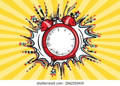 Comic Style Cartoon Banner Template. Redeblase auf gestreiftem Pop-Hintergrund. Leerstelle für Text in Ringing Alarm Clock-Illustration. 