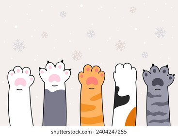 Comic style, cartoon cat paws catching snow, snowflakes. Kitten, pet, animal hands. Winter banner, card template. Vector doodle drawing.