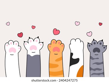 Estilo cómic, pinturas de gatos de dibujos animados que captan pequeños corazones. Gatito, mascota, manos animales. Amor, cartel de San Valentín, plantilla de tarjeta. Dibujo del doodle vectorial.