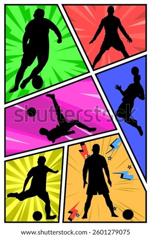 Comic style collage of soccer player silhouettes in various action poses, with bright colorful background and lightning effects. Dynamic and energetic design, suitable for sports, soccer themes