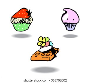 comic style colorful sweets, minimalistic design with shadows