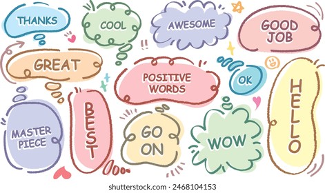 Comic style cute quote colorful thinking bubble with positive words. Set of hand drawn memo frame. Cartoon doodle crayon drawing cloud, box, message. Flat vector. Best, Awesome, WOW, Master, Piece, Go