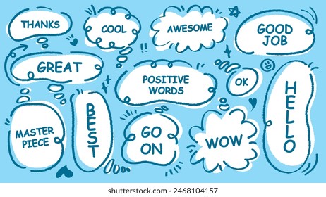 Comic style cute quote colorful thinking bubble with positive words. Set of hand drawn memo frame. Cartoon doodle crayon drawing cloud, box, message. Flat vector. Best, Awesome, WOW, Master, Piece, Go