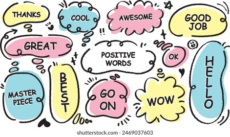 Comic style cute quote colorful thinking bubble with positive words. Set of hand drawn memo frame. Cartoon doodle crayon drawing cloud, box, message. Flat vector. Best, Awesome, WOW, Master, Piece, Go