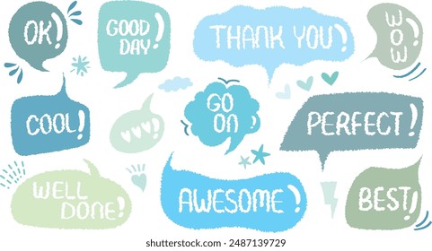 Comic style cute quote colorful thinking bubble with positive words. Set of hand drawn memo frame. Cartoon doodle crayon drawing cloud, box, message. Flat vector. Best, Awesome, WOW, Perfect, Go, Cool