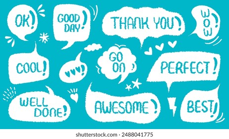 Comic style cute quote colorful thinking bubble with positive words. Set of hand drawn memo frame. Cartoon doodle crayon drawing cloud, box, message. Flat vector. Best, Awesome, WOW, Perfect, Go, Cool