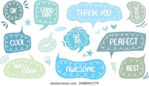 Comic style cute quote colorful thinking bubble with positive words. Set of hand drawn memo frame. Cartoon doodle crayon drawing cloud, box, message. Flat vector. Best, Awesome, WOW, Perfect, Go, Cool