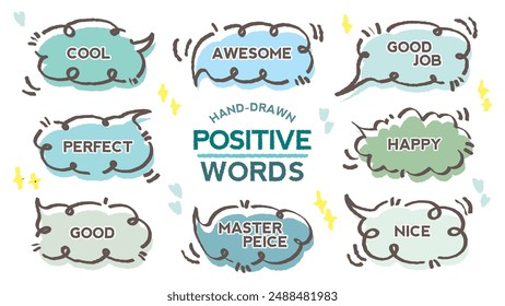 Estilo cómico linda cita colorida burbuja de habla con palabras positivas. Conjunto de marco de memorándum dibujado a mano. Dibujo de dibujos animados de dibujos animados de lápiz nube, caja, mensaje. Vector plano. Mejor, Impresionante, WOW, Maestro, Pieza, Ir