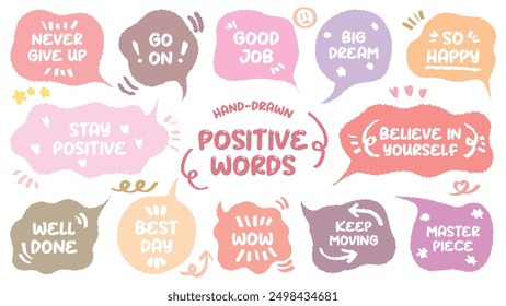 Comic style cute quote colorful speech bubble with positive words. Set of hand drawn memo frame. Cartoon doodle crayon drawing cloud, box, message. Flat vector. Best, Awesome, WOW, Master, Piece, Go