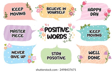 Comic style cute quote colorful speech bubble with positive words. Set of hand drawn memo frame. Cartoon doodle crayon drawing cloud, box, message. Flat vector. Best, Master, Piece, happy, moving kepp