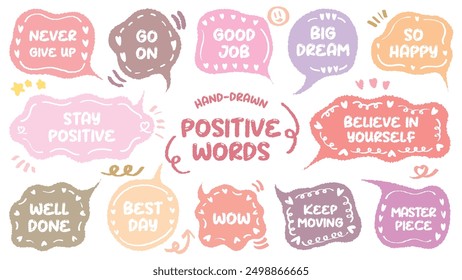 Comic style cute quote colorful speech bubble with positive words. Set of hand drawn memo frame. Cartoon doodle crayon drawing cloud, box, message. Flat vector. Best, Awesome, WOW, Master, Piece, Go