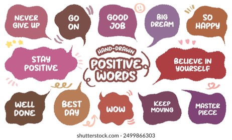 Comic style cute quote colorful speech bubble with positive words. Set of hand drawn memo frame. Cartoon doodle crayon drawing cloud, box, message. Flat vector. Best, Awesome, WOW, Master, Piece, Go