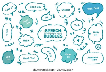 Comic style cute quote colorful speech bubble with short phrase. Set of hand drawn memo frame. Cartoon doodle crayon drawing cloud, box, message. Flat vector Good job Cheers Well done Awesome time on