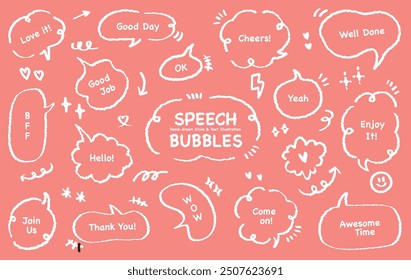 Comic style cute quote colorful speech bubble with positive words. Set of hand drawn memo frame. Cartoon doodle crayon drawing cloud, box, message. Flat vector Good job Well done Enjoy Cheers Thank us