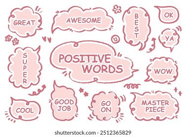 Comic style cute quote colorful speech bubble with positive words. Set of hand drawn memo frame. Cartoon doodle crayon drawing cloud, box, message. Flat vector. Best, Awesome, WOW, Master, Piece, Go