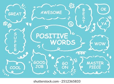 Comic style cute quote colorful speech bubble with positive words. Set of hand drawn memo frame. Cartoon doodle crayon drawing cloud, box, message. Flat vector. Best, Awesome, WOW, Master, Piece, Go