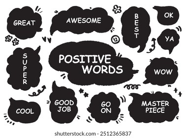 Comic style cute quote colorful speech bubble with positive words. Set of hand drawn memo frame. Cartoon doodle crayon drawing cloud, box, message. Flat vector. Best, Awesome, WOW, Master, Piece, Go