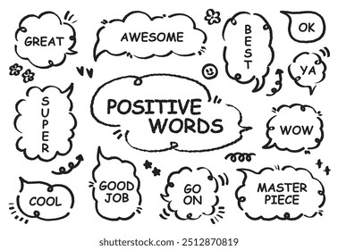 Comic style cute quote colorful speech bubble with positive words. Set of hand drawn memo frame. Cartoon doodle crayon drawing cloud, box, message. Flat vector. Best, Awesome, WOW, Master, Piece, Go