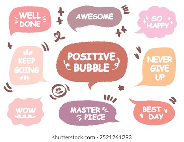 Comic style cute quote colorful speech bubble with positive words. Set of hand drawn memo frame. Cartoon doodle crayon drawing cloud, box, message. Flat vector. Best Awesome WOW Master Piece Go Well