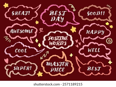 Comic style cute quote colorful speech bubble with positive words. Set of hand drawn memo frame. Cartoon doodle crayon drawing cloud box message. Flat vector. Best Great Well Masterpiece Awesome super