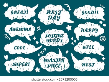 Comic style cute quote colorful thinking bubble with positive words. Set of hand drawn memo frame. Cartoon doodle crayon drawing cloud, box, message. Flat vector. Best Awesome Masterpiece great happy