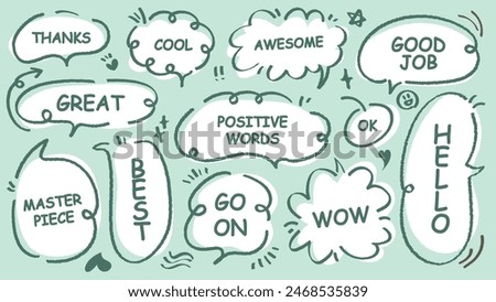 Comic style cute quote colorful speech bubble with positive words. Set of hand drawn memo frame. Cartoon doodle crayon drawing cloud, box, message. Flat vector. Best, Awesome, WOW, Master, Piece, Go