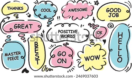 Comic style cute quote colorful thinking bubble with positive words. Set of hand drawn memo frame. Cartoon doodle crayon drawing cloud, box, message. Flat vector. Best, Awesome, WOW, Master, Piece, Go