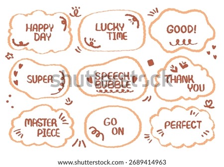 Comic style cute quote colorful speech bubble with positive words. Set of hand drawn memo frame. Cartoon doodle crayon drawing cloud, box, message. Flat vector. Best, Awesome, WOW, Master, Piece, Go