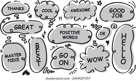 Comic-Stil niedliche Zitat Graustufen Sprechblase mit positiven Wörtern. Satz von handgezeichnetem Notizrahmen. Cartoon-Kritzelstifte zeichnen Wolke, Box, Nachricht. Flache Vektorgrafik. Beste, genial, WOW, Meister, Stück, Los